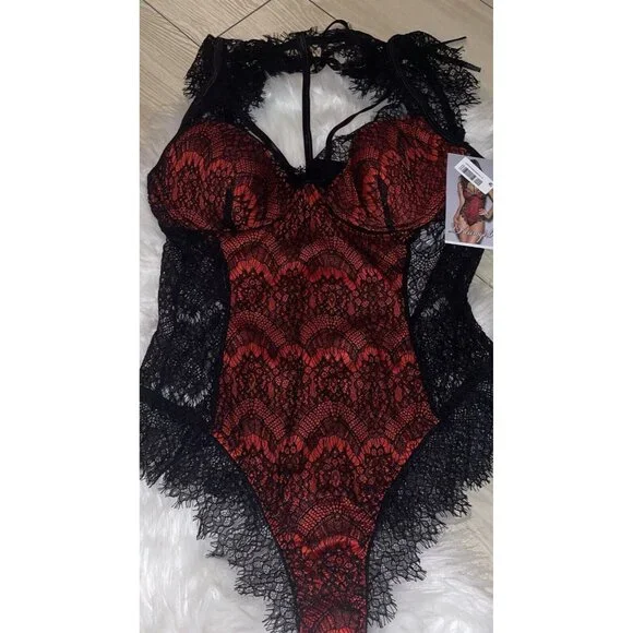 Dreamgirl High Neck Eyelash Lace Collared Teddy Bodysuit 10537 L Large Red Black - Picture 4 of 7